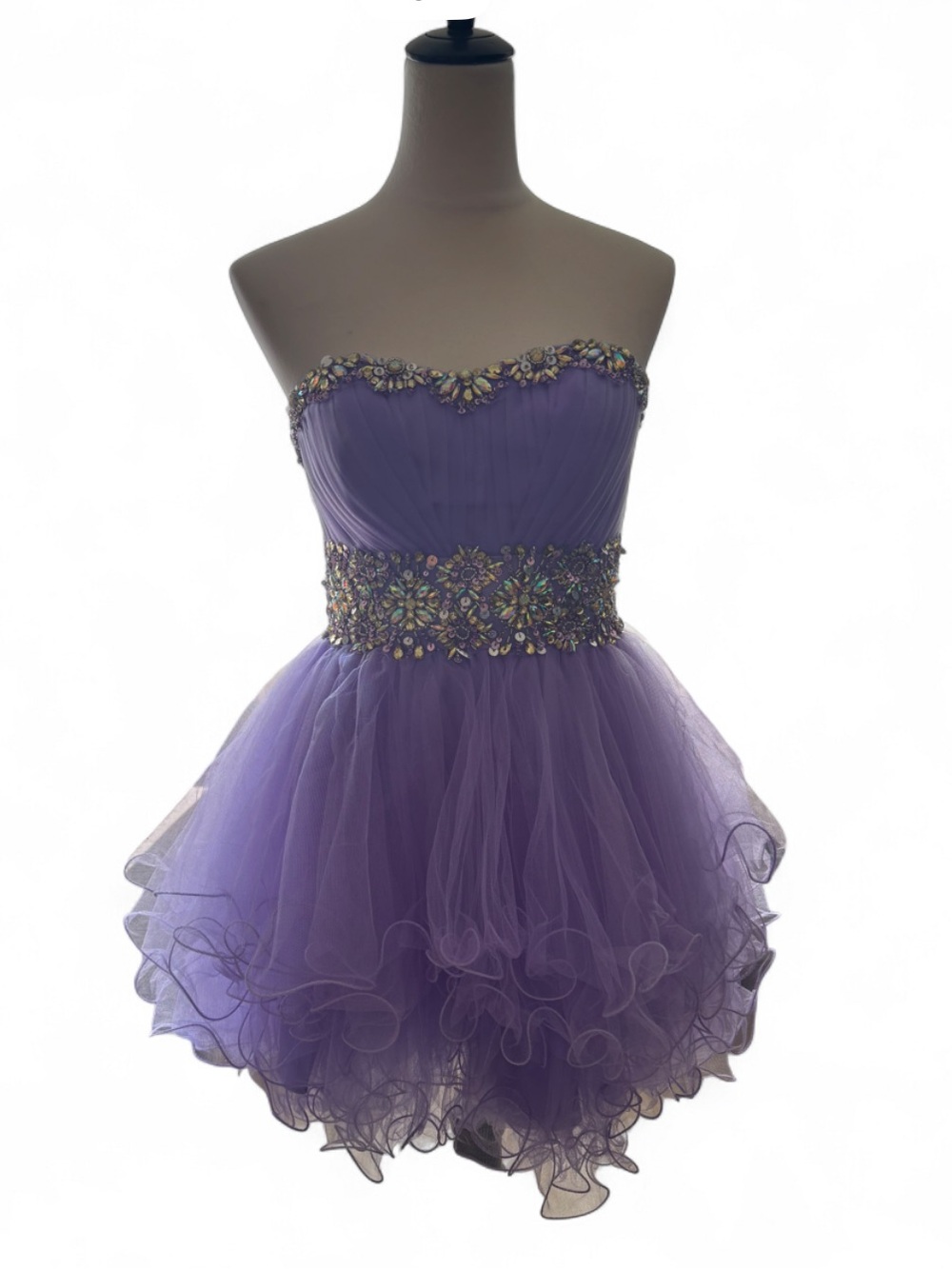 Purple Strapless Beaded Rhinestone Tulle Ruffle Mini Prom Party Dress fairy